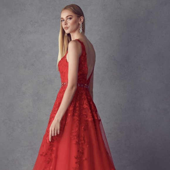 NEW LONG SLEEVELESS A-LINE POLYESTER DRESS EMBROIDERED WITH FLORAL LACE JT 224 - Picture 7 of 9